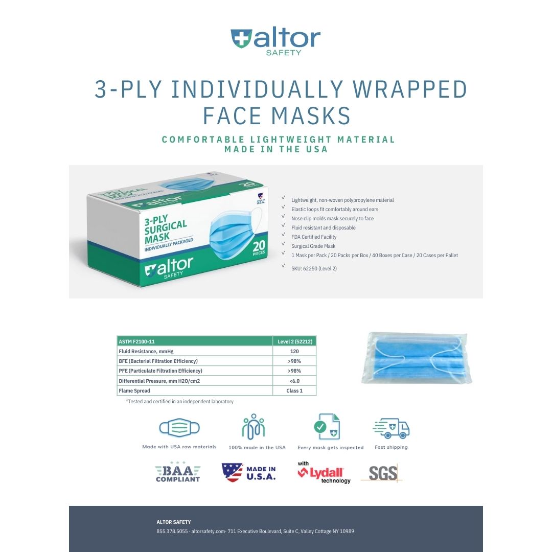 3Ply ASTM Level 2 Surgical Mask Individually Wrapped
